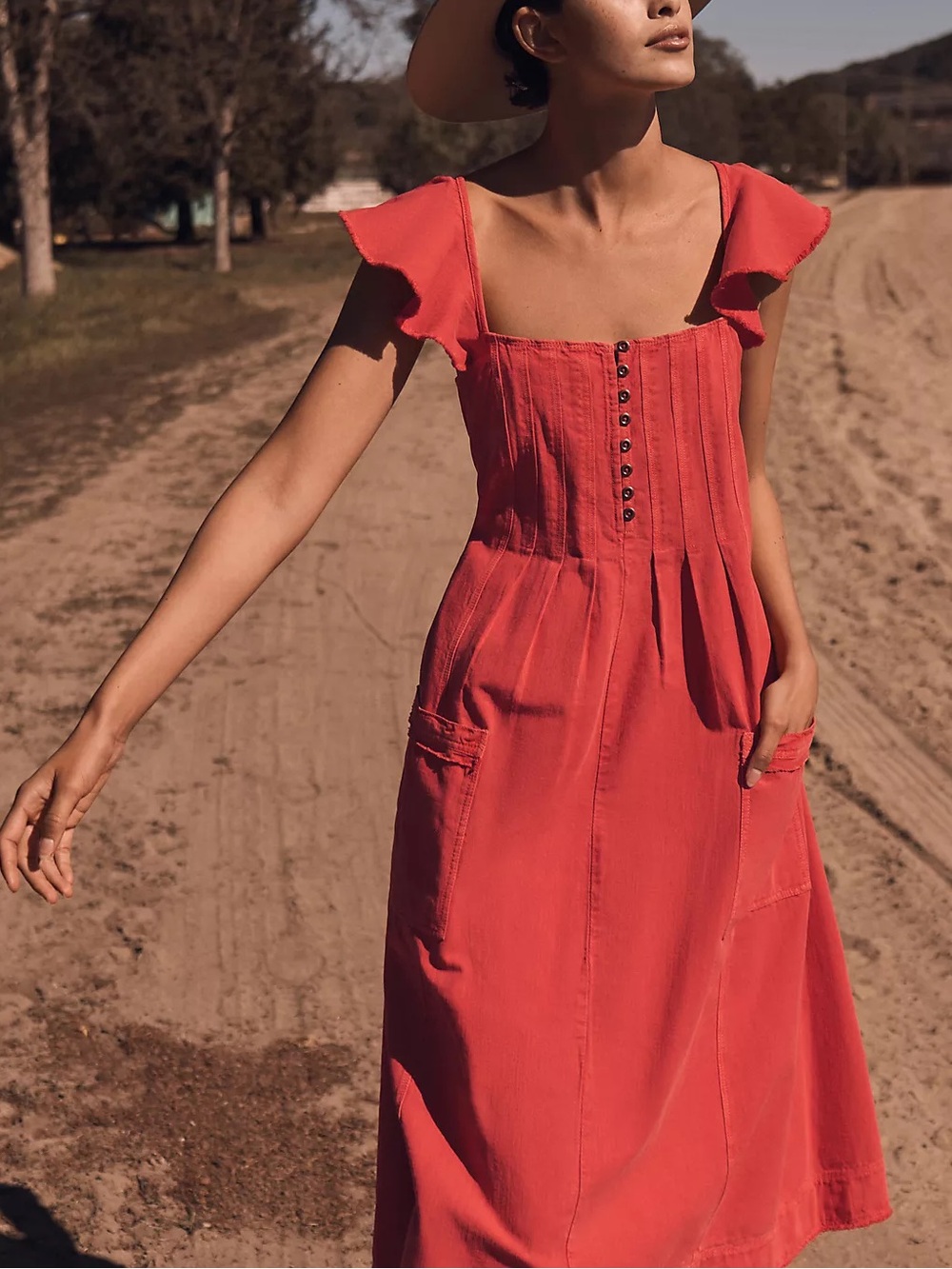 Anthro Pilcro Flutter Sleeve Midi Dress Medium Red Cotton Linen - Picture 3 of 15